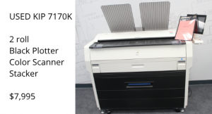 Black printing only. Very fast at 6 sheets per minute. Scanner, copier, printer with stacker.