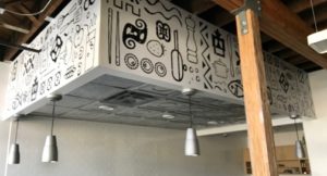 Wall wrapping soffits in a restaurant setting