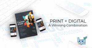 Flyer with corresponding marketing on two mobile phone screens. Title "Print+Digital: A Winning Combination"
