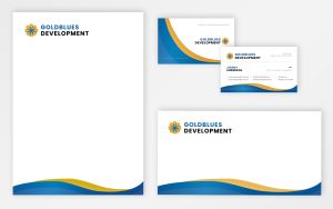 Image of a stationary sheet, business cards, and envelope