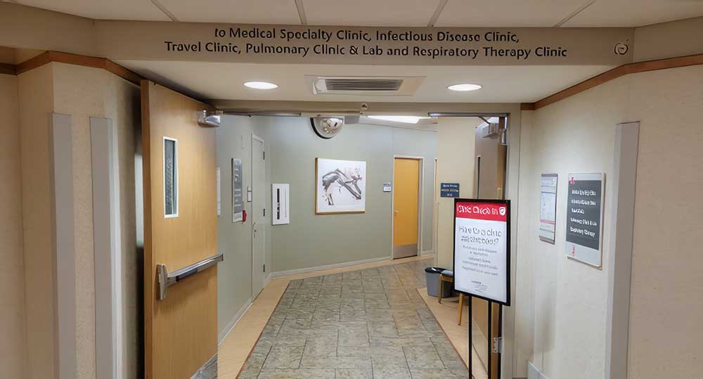 View of a hallway with Wayfinding signage and sage green walls through a set of wooden double doors at a hospital.