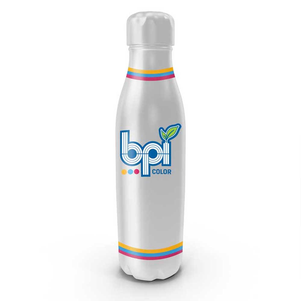 Metal water bottle with BPI Color's logo.