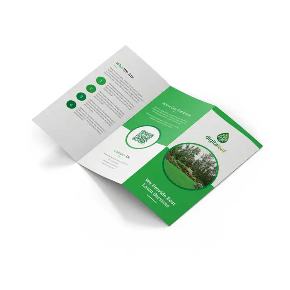 Double-sided, trifold brochure mockup with a white background and green elements to help text and an image of trees stand out.