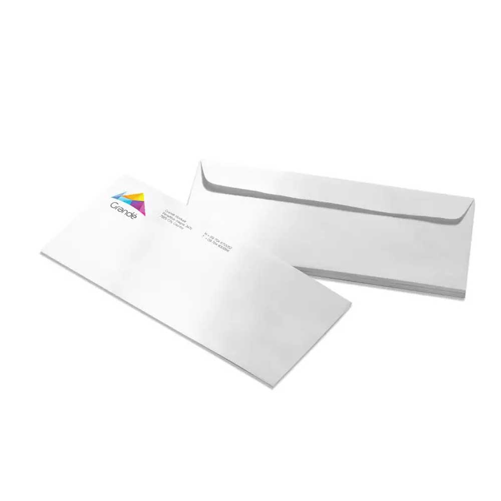 A front and back view of a white envelope on a white background.