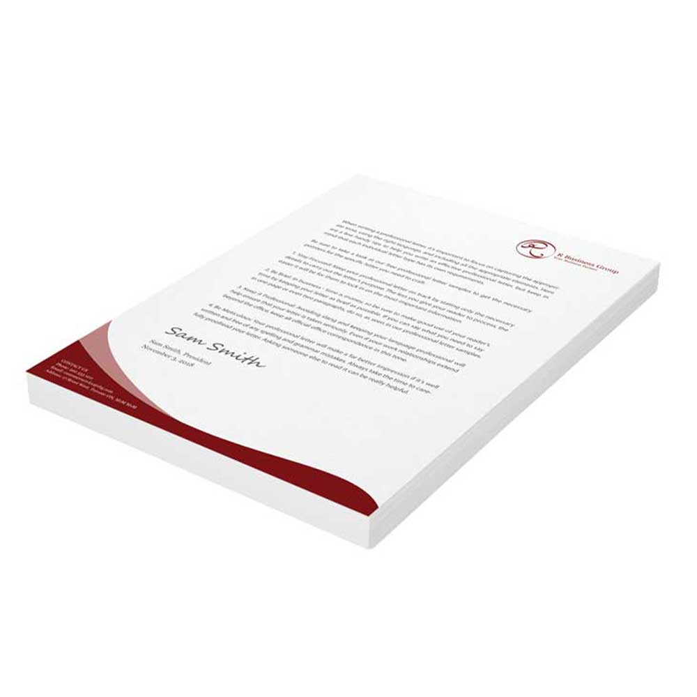 Example of a letterhead on a cream sheet of paper with text and a red wave at the bottom of the paper, displayed on a white background.