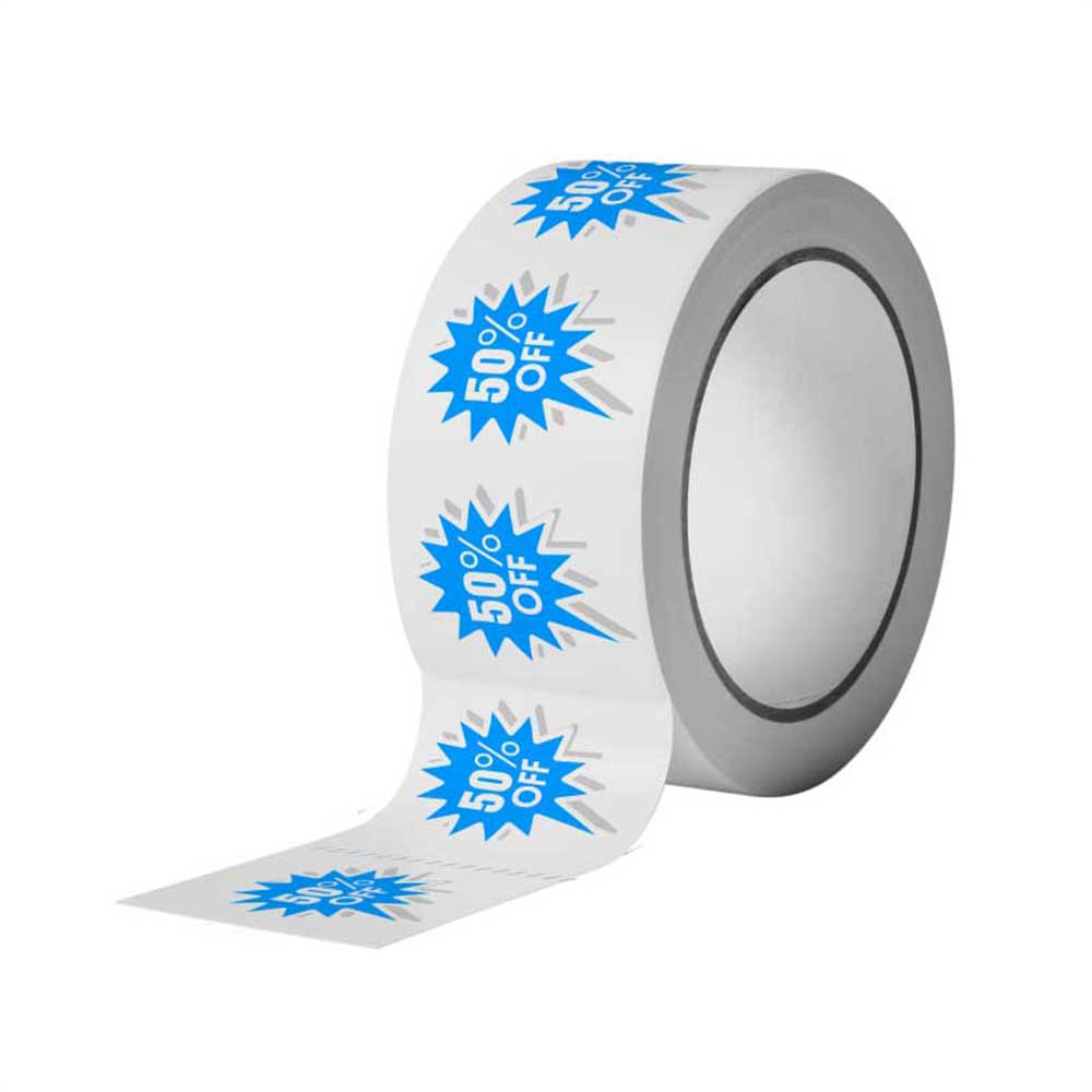 Roll of blue "50%" off stickers on a white background.