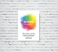 Large white poster with bright colorful splatters in the middle, hanging on a white brick wall.