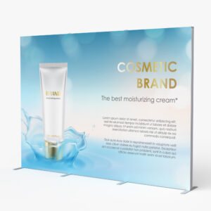 A large stand up banner displaying a graphic and text for a "COSMETIC BRAND".