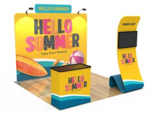 Golden yellow retail display examples; a podium, banner, and TV stand.