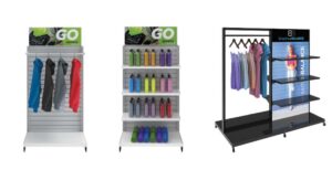 Three examples of branded retail displays showing hanging apparel and products displayed on shelving.