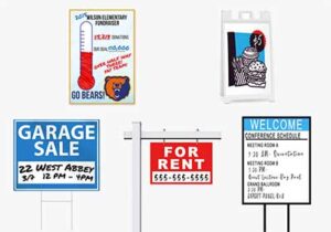 Examples of displaying dry erase signs; hanging on the wall, a plastic A-Frame, staked, and real estate signage.