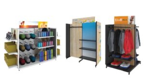 Three examples of retail displays that hold a variety of hanging and shelved products. 