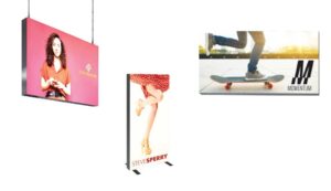 Three examples of retail displays that are illuminated from the inside of the sign to give maximum visibility.