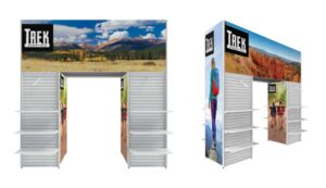 Two large arch retail signage displays that allow customers to walk around and through the display.