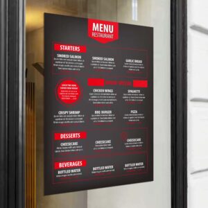 Black sign with menu details written in small, red and white text.