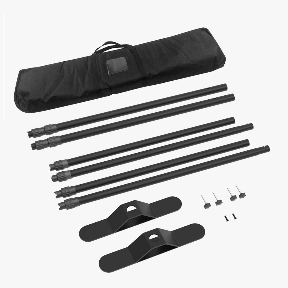 A thin, black rectangular carrying bag and six poles of varying lengths.