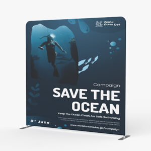 Dark blue fabric display with two metal feet showing a diver underwater and text "CAMPAIGN SAVE THE OCEAN".